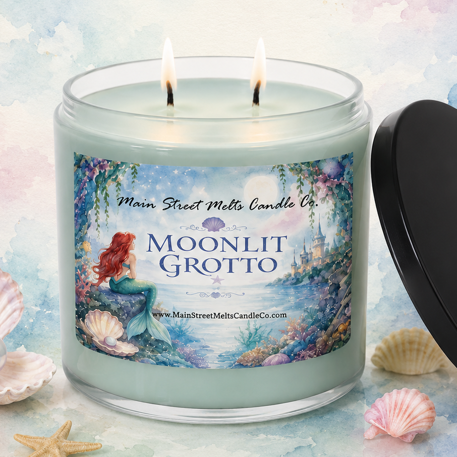 A lit two-wick candle in a clear glass jar with a black lid resting beside it on a pastel watercolor background. The jar label reads 'Moonlit Grotto' and shows an underwater mermaid illustration.