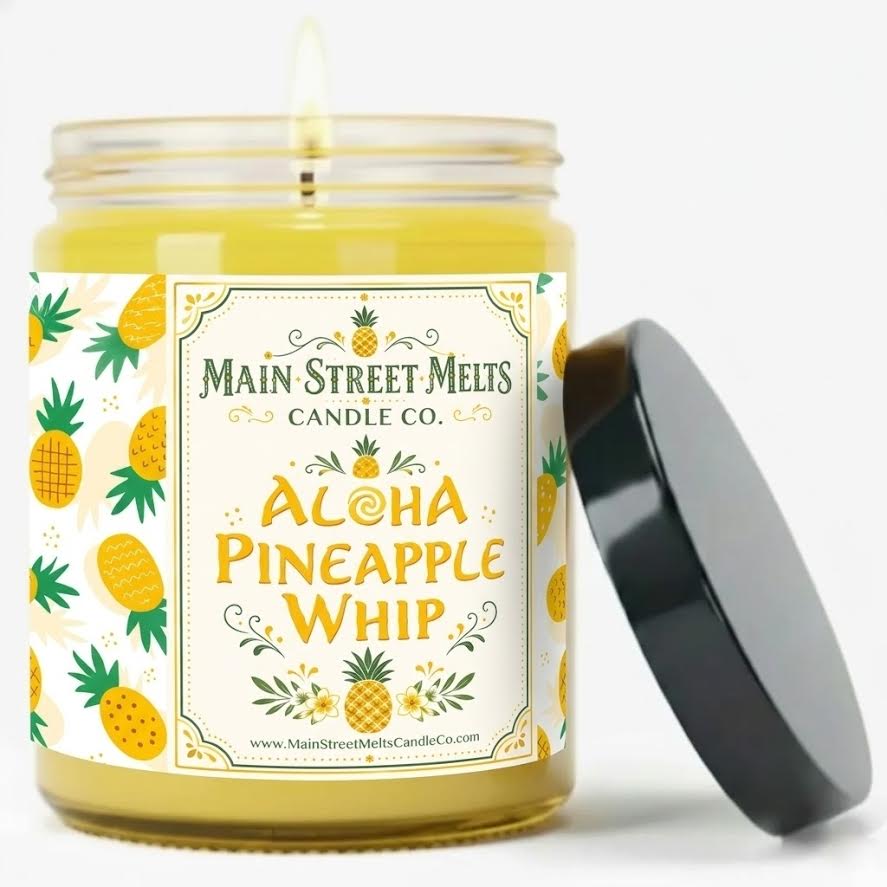 Candle jar labeled 'Aloha Pineapple Whip' from Main Street Melts Candle Co. on a white background.