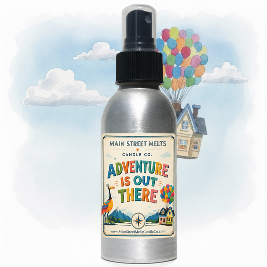 Silver spray bottle with colorful label against a cartoon sky background