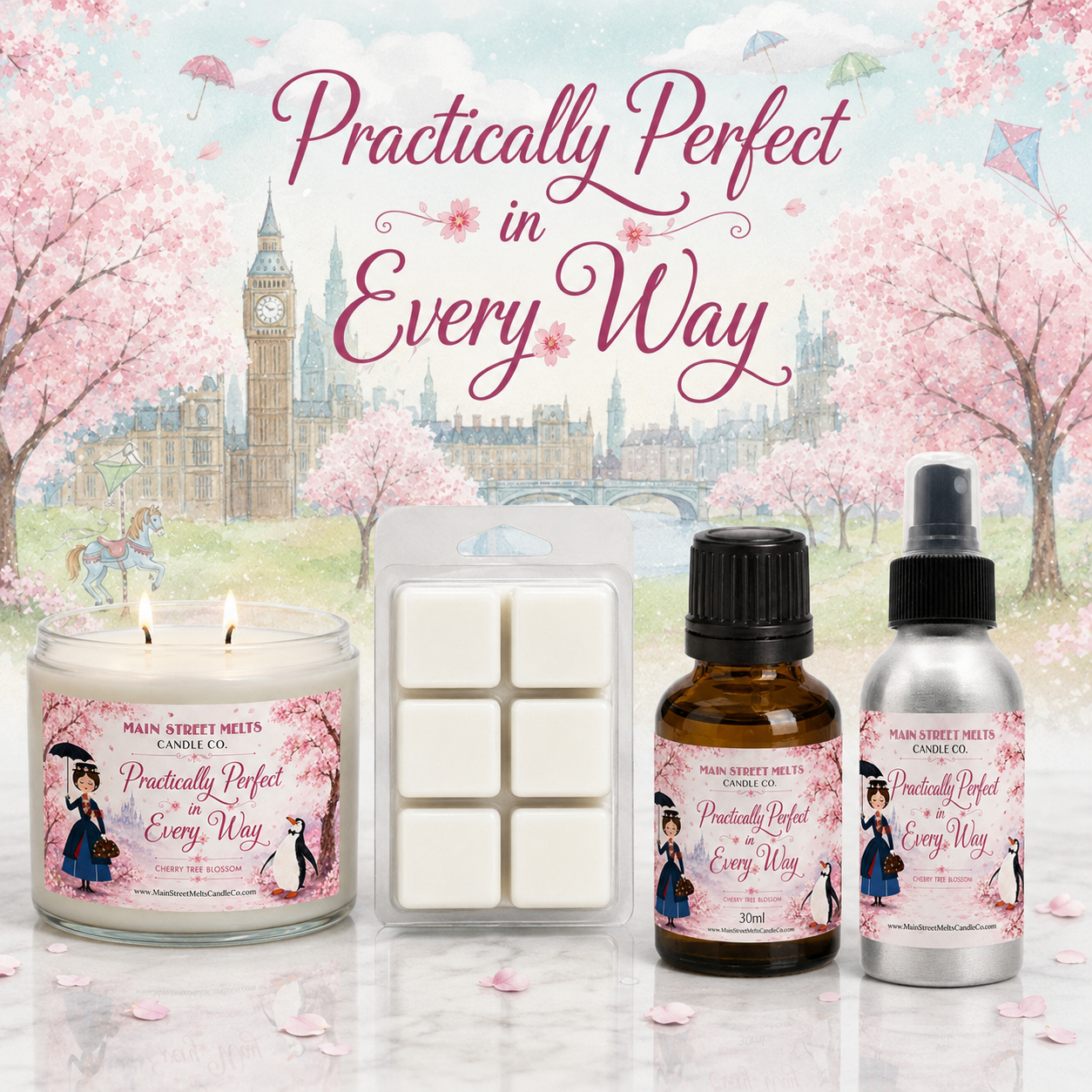 Product set with candles, wax melts, and essential oils on a cherry blossom background with 'Practically Perfect in Every Way' text.