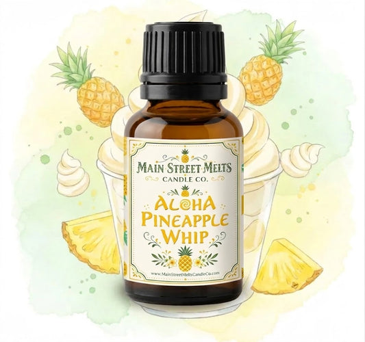 Bottle of Main Street Melts Aloha Pineapple Whip candle with pineapple illustrations on a light background