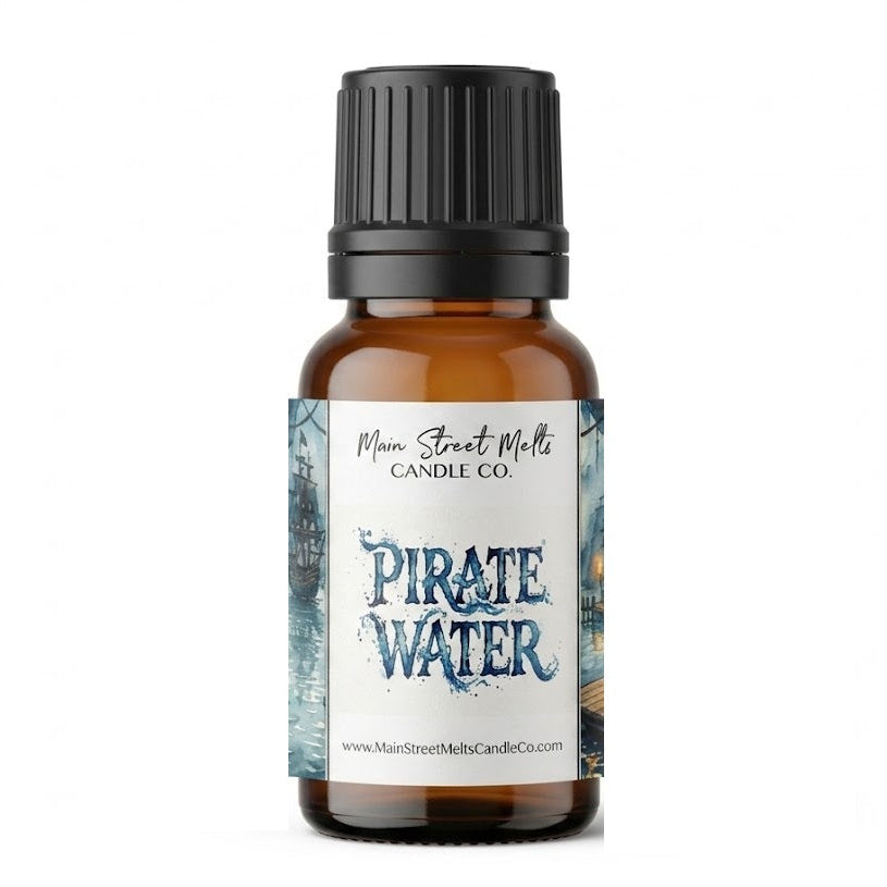 Small amber bottle with black cap labeled 'Pirate Water' by Main Street Melts Candle Co. on a white background.