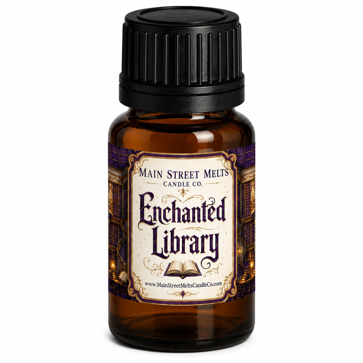 Bottle of 'Enchanted Library' candle fragrance oil with a black lid on a white background