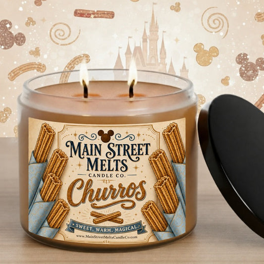 Candle with 'Main Street Melts' label featuring churros design on a decorative background.