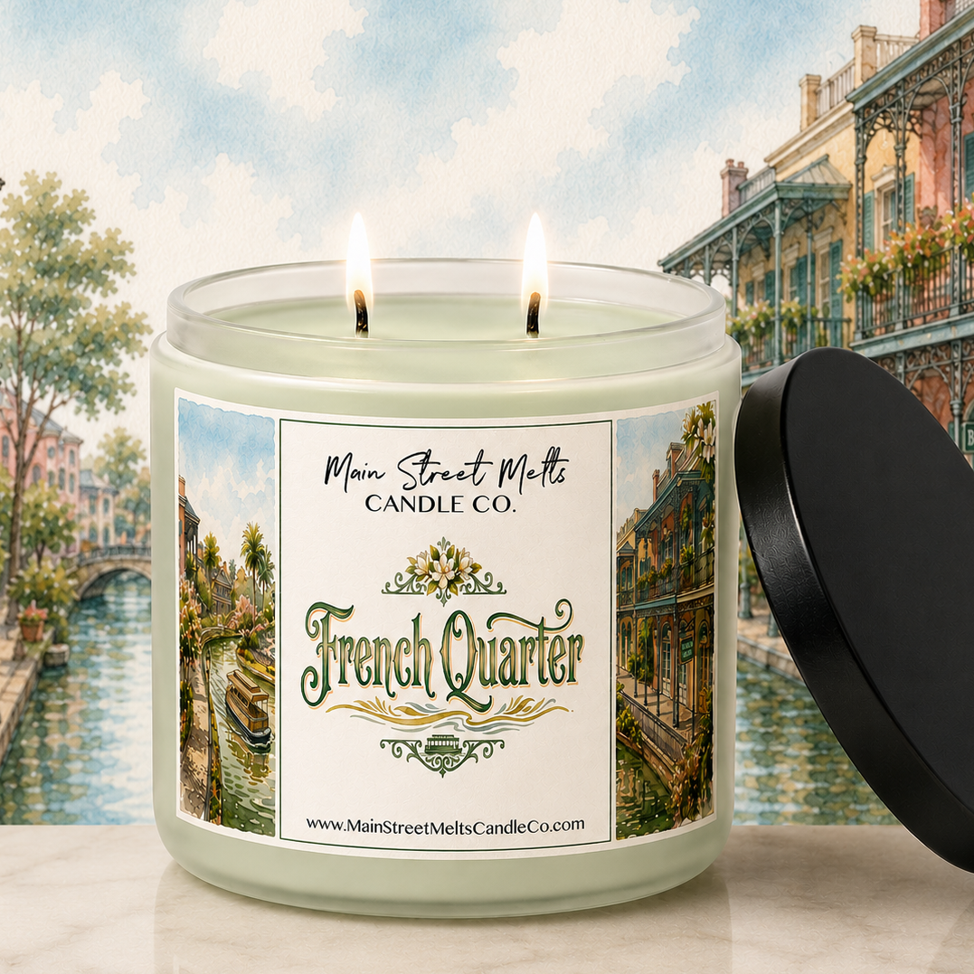 Candle with 'French Quarter' label in front of a scenic background