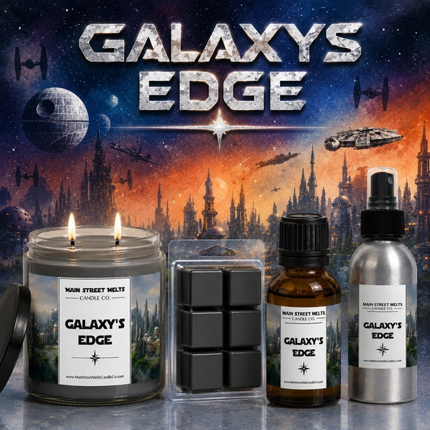 Galaxy's Edge themed candles, wax melts, and diffusers with a space-themed background.